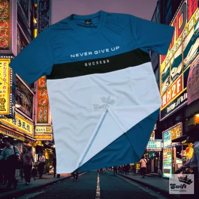 "Never Give Up Motivational T-Shirt – Blue & Black Sportswear"